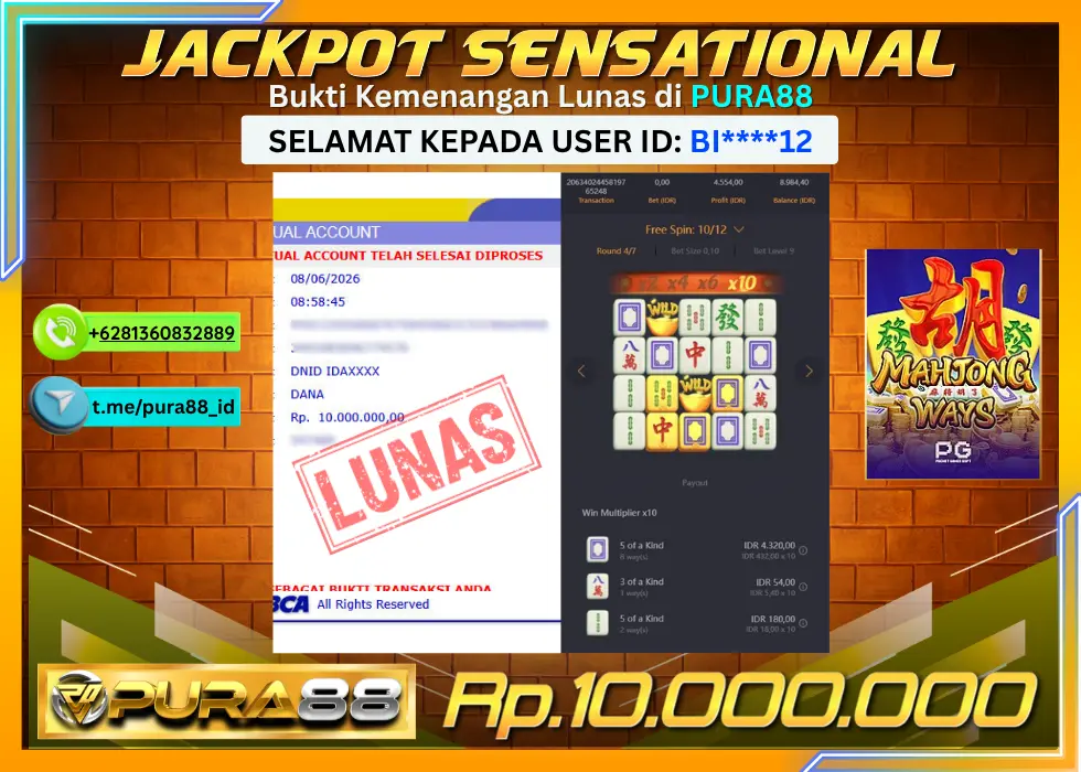 PURA88 JACKPOT MAHJONG WAYS Rp 10.000.000,- LUNAS